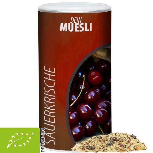 Bio Müsli Sauerkirsche (vegan), ca. 150g, Pappdose Medium