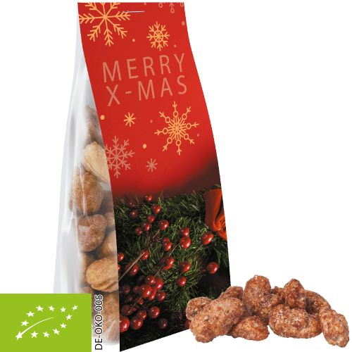 Bio Feuergebrannte Mandeln (vegan), ca. 40g, Express Blockbodenbeutel mit Werbereiter