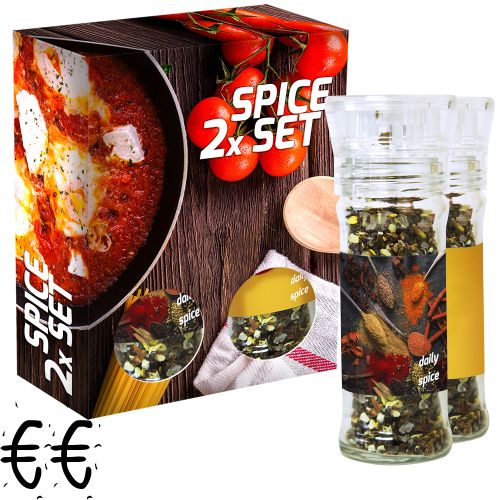 verschiedene Gewürzmischungen Bio und nicht Bio (Kategorie 2), 70-160g, 2er Set Glas mit Kunststoffmahlwerk in Faltschachtel