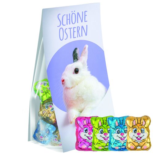 Schoko-Hasen Mix, ca. 36g, Express Blockbodenbeutel mit Werbereiter