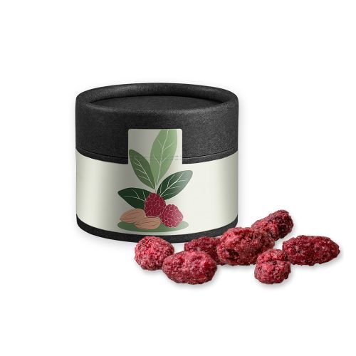 Gebrannte Mandeln Himbeere (vegan), ca. 40g, Kraftpapierdose Mini schwarz