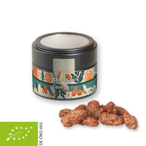 Bio Feuergebrannte Mandeln (vegan), ca. 60g, Metalldose Mini mit Sichtfenster schwarz