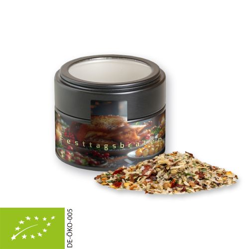 Bio Weihnachts Gewürzmischung Braten, ca. 50g, Metalldose Mini mit Sichtfenster schwarz