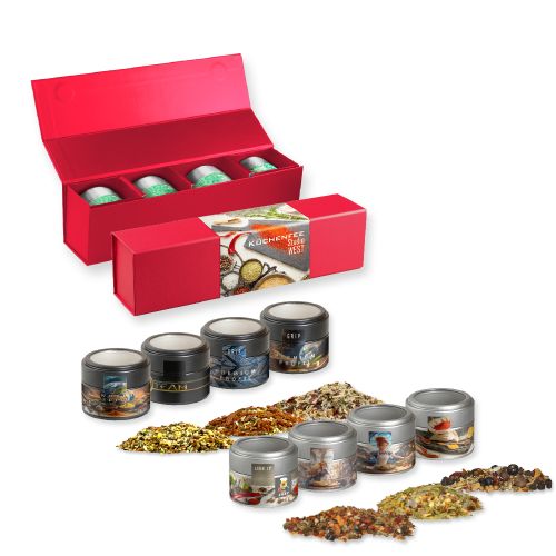 Verschiedene Weihnachts Gewürzmischungen, ca. 120-140g, Geschenk-Set Premium rot mit Magnetverschluss und 4 Metalldosen Mini mit Sichtfenster