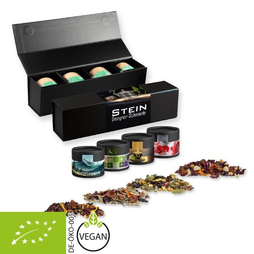 Verschiedene Teesorten, Bio und nicht-Bio, ca. 60-140g, Geschenk-Set Premium schwarz mit Magnetverschluss und 4 Kraftpapierdosen Mini