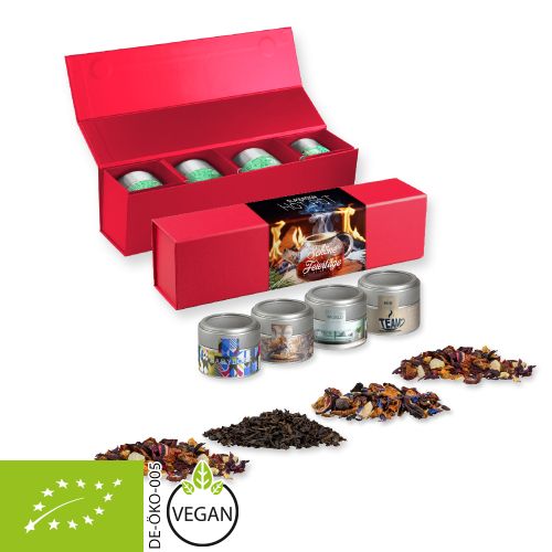 Verschiedene Teesorten, Bio und nicht-Bio, ca. 60-140g, Geschenk-Set Premium rot mit Magnetverschluss und 4 Metalldosen Mini mit Sichtfenster