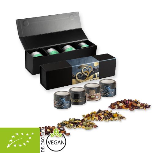 Verschiedene Teesorten, Bio und nicht-Bio, ca. 60-140g, Geschenk-Set Premium schwarz mit Magnetverschluss und 4 Metalldosen Mini mit Sichtfenster