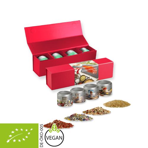 verschiedene Gewürzmischungen Bio und nicht Bio (Kategorie 2), ca. 64-260g, Geschenk-Set Premium rot mit Magnetverschluss und 4 Metalldosen Mini mit Sichtfenster