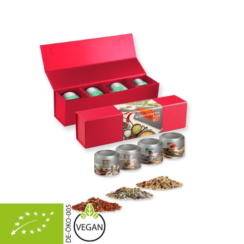 verschiedene Gewürzmischungen Bio und nicht Bio (Kategorie 3), ca. 140-440g, Geschenk-Set Premium rot mit Magnetverschluss und 4 Metalldosen Mini mit Sichtfenster