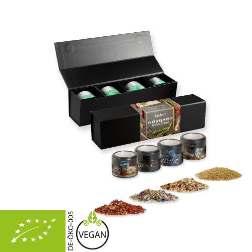 verschiedene Gewürzmischungen Bio und nicht Bio (Kategorie 3), ca. 140-440g, Geschenk-Set Premium schwarz mit Magnetverschluss und 4 Metalldosen Mini mit Sichtfenster