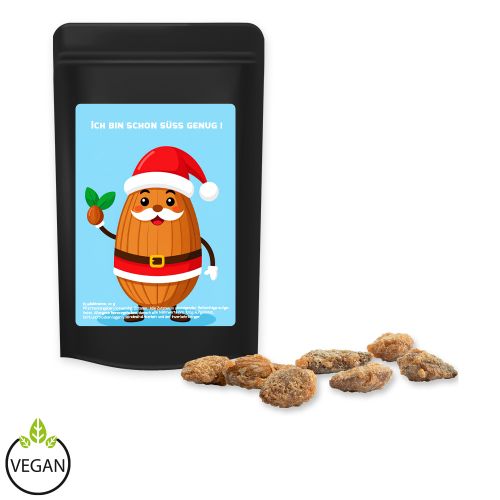 Feuergebrannte Mandeln ohne Zuckerzusatz (vegan), ca. 30g, Standbeutel Mini schwarz